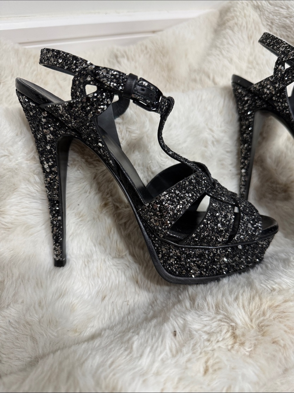 Saint Laurent Black Glitter Strappy T-Bar Heels - Picture 3 of 5